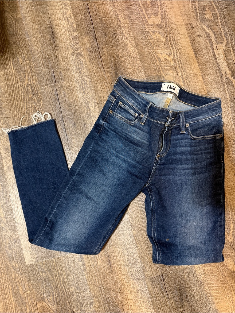 PAIGE Dark Indigo Cropped Skinny Jeans with Frayed Ankle